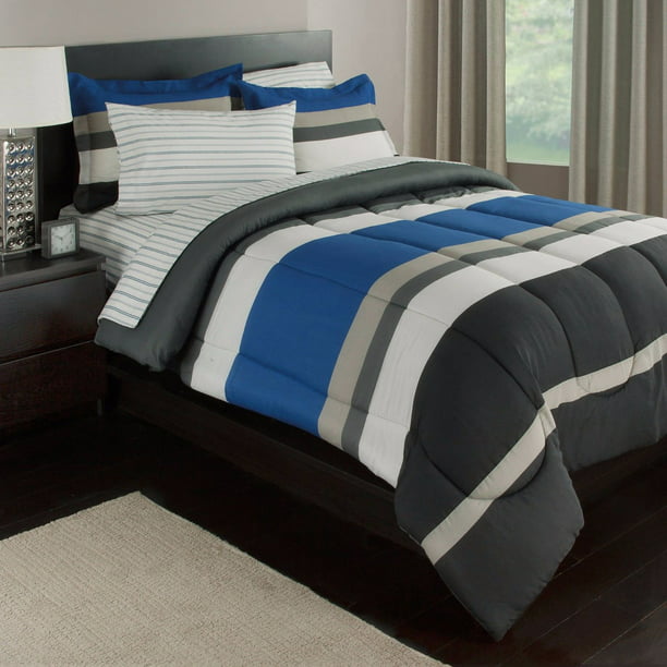 Blue White Amp Gray Stripes Boys Teen Twin Comforter Set 5 Piece Bed In A Bag Walmart Com Walmart Com