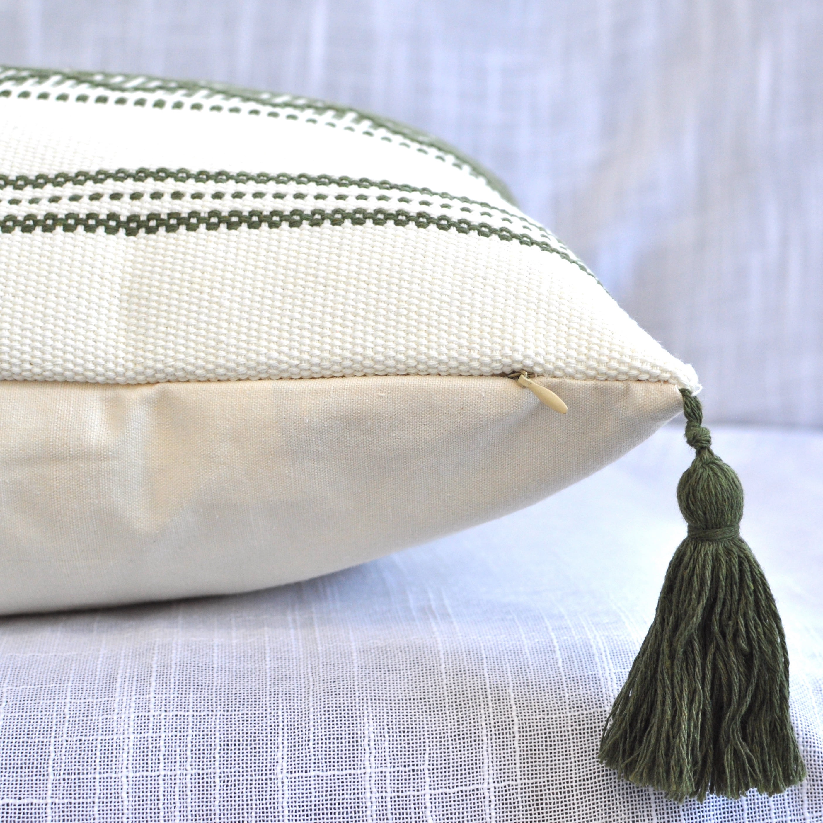 Handwoven solid olive green w/ green stripe cotton throw pillow,  double-sided, lumbar, square, rectangle boho style decorative cushion YY104