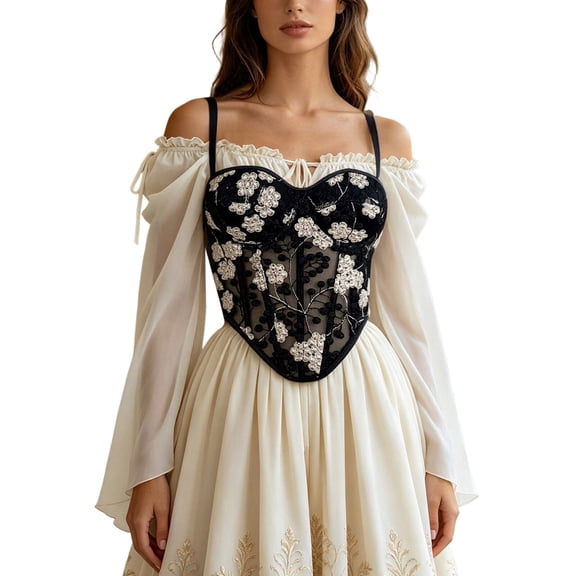 XIAOCHA Womens Floral Lace Corset Off Shoulder Maxi Dress Adjustable Spaghetti Straps Evening Gown