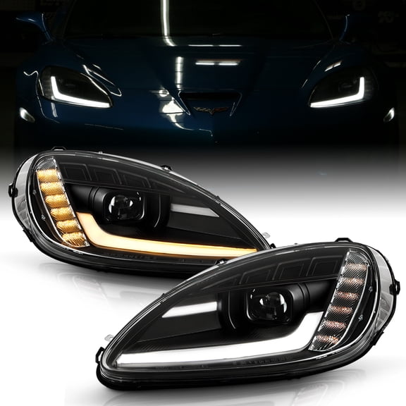 2005-2013 Chevy Corvette C6 Black Switchback Sequential LED Projector Headlights
