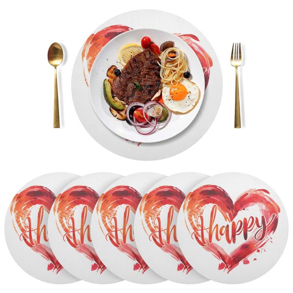 Happy Heart Black Round Placemats Plate Mats 15 Inch Non-Slip Heat Resistant Washable PVC Set Indoor for Kitchen Dining Table 1PC