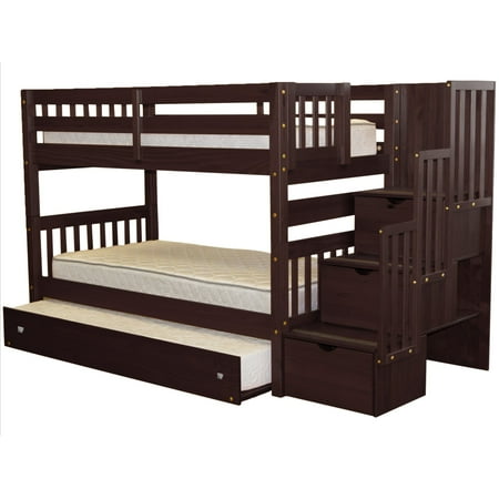 Bedz King Stairway Bunk Beds Twin over Twin with 3 Drawers in the Steps and a Twin Trundle