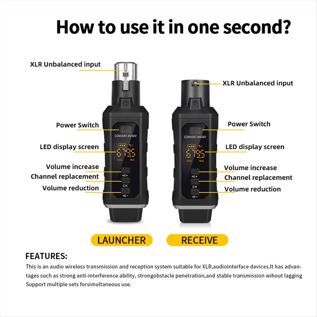 UHF Professional Microphone Wireless Converter XLR Transmitter Receiver for Dynamic Microphone Guitar Audio Mixer