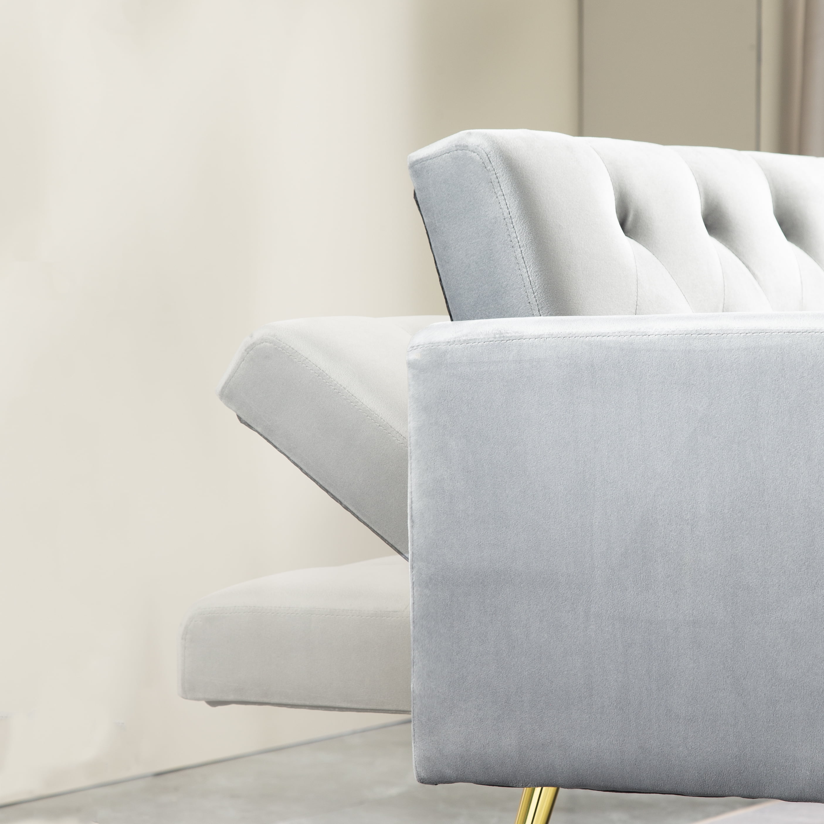 71 Inches Velvet Futon Sofa Bed with 2 Pillows,Modern Convertible Futon Couch with Adjustable Backrest,Gray