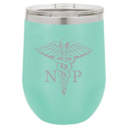 12 oz Double Wall Vacuum Insulated Stainless Steel Stemless Wine Tumbler Glass Coffee Travel Mug With Lid NP Nurse Practitioner Caduceus (Teal)