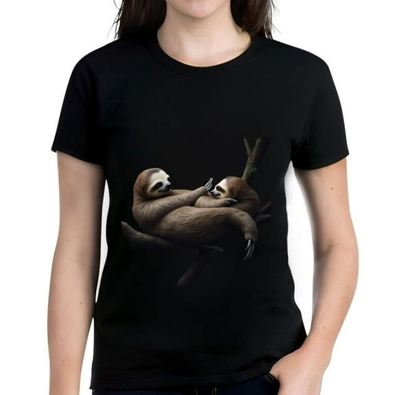 Women's Cotton Short Sleeve T-Shirt with Whimsical Sloth Illustration on Branch - Relaxed & Serene Design