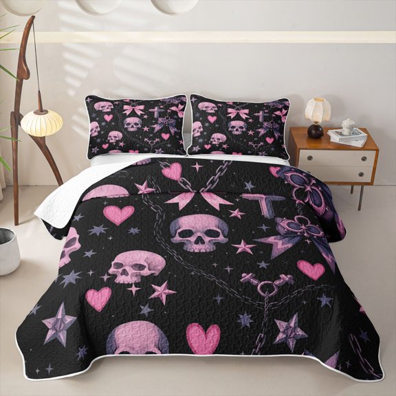 Manfei Gothic Coquette Halloween Twin Quilt Set for Teens, Black Pink Skull Bow Twin Coverlet Set