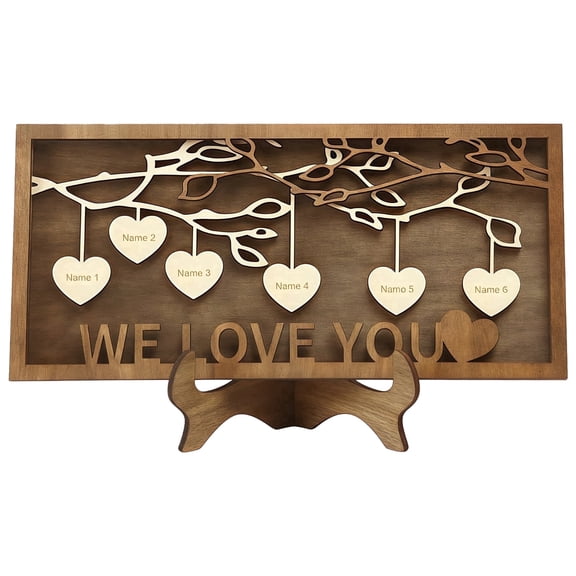 Personalized Family Tree Picture Frame, Customizable Wooden Wall Decor, "WE LOVE YOU" Engraved with 6 Heart-Shaped Name Tags, Ideal Gift for Grandma, Parents, and Grandparents, with Stand