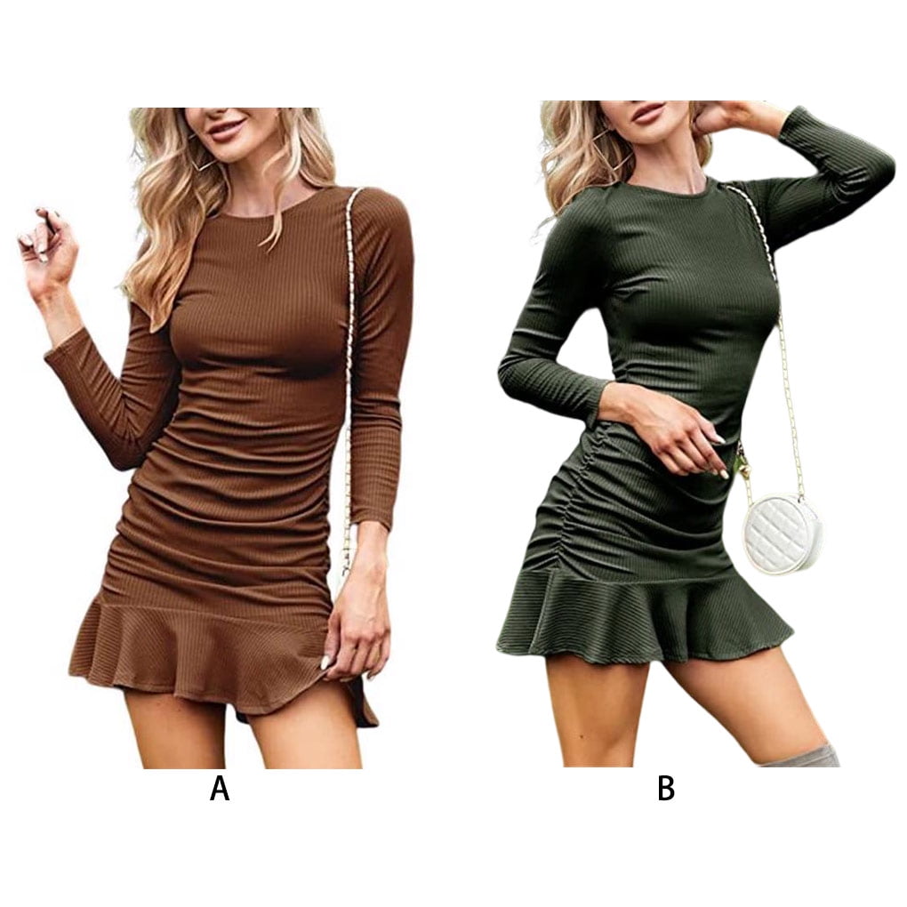 Femmes Robe Longueur Au Genou Robe à Manches Longues Couleur Unie