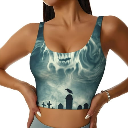 Adobk Scary Moon And Clouds Print Sports Bras for Women Longline Workout Crop Tank Tops Padded with Built in Shelf Padded Sports Bra-X-Large