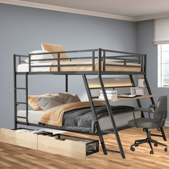 Full Size Metal Bunk Bed with Built-in Desk and LED Light, Full over Full Bunk Bed with 2 Storage Drawers, Space Saving for Bedroom Dorms, No Box Spring Needed, Black