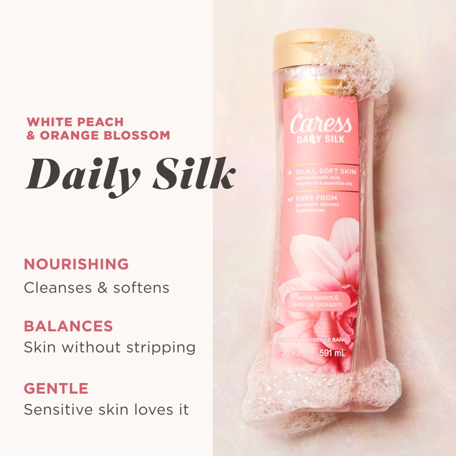 Caress Daily Silk Body Wash, Moisturizing Body Soap - Hyaluronic Acid, Vitamin B3, 20 oz