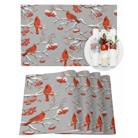 Christmas Cardinal Bird Placemats Set of 1 Winter Red Birds Gray Heat Insulation Washable Place Mats, Rustic Non-Slip Table Mats for Dining Table Party Kitchen Decor,13x19 Inch