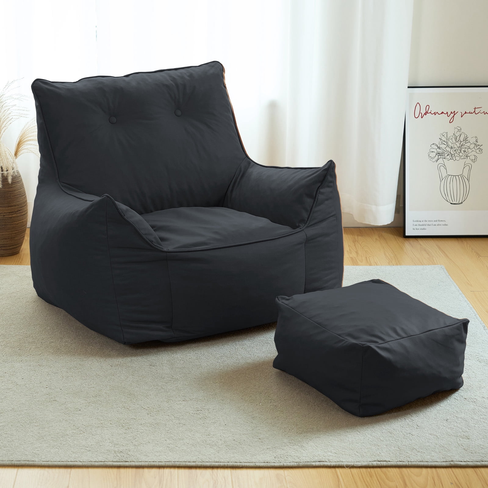 Modern Giant Bean Bag Chair with Ottoman Bean Bag Couch Sofa with Footstool Lounge Large Bean Bag Chairs for Adults Reading Chair for Bedroom Living Room ( Button Type)