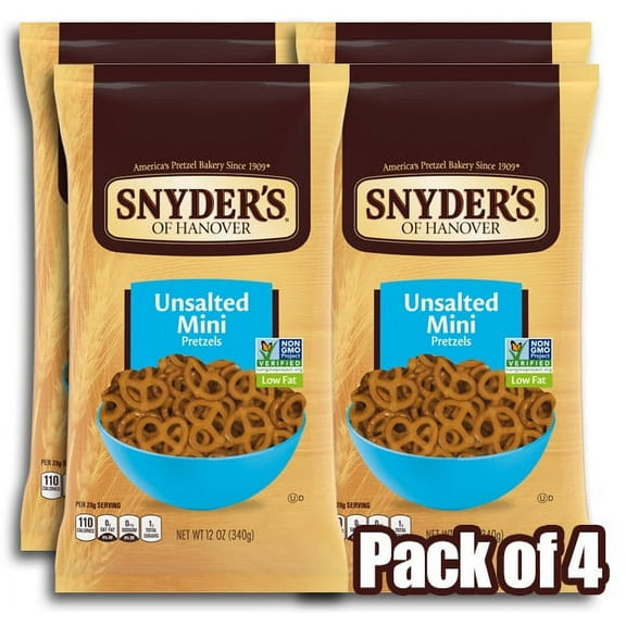 Snyder's of Hanover Unsalted Mini Pretzels, 12 Ounce Bag (Pack of 4)