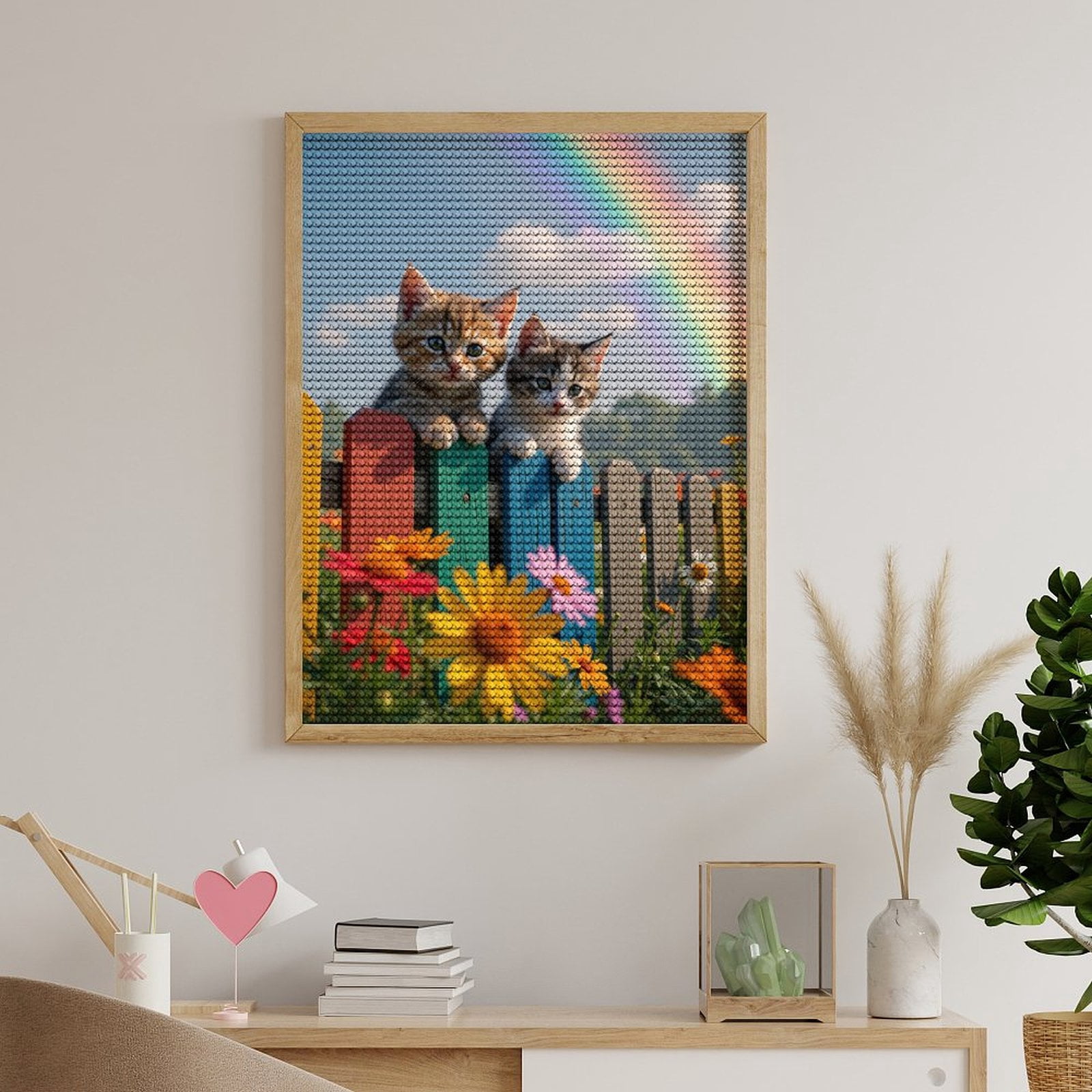 Diamond Art Kits for Adults, Kittens Colorful Fence Rainbow Flowers 5D Diamond Painting Kits for Adults Beginners, DIY Full Drill Diamond Painting, Gem Art and Crafts 12x16