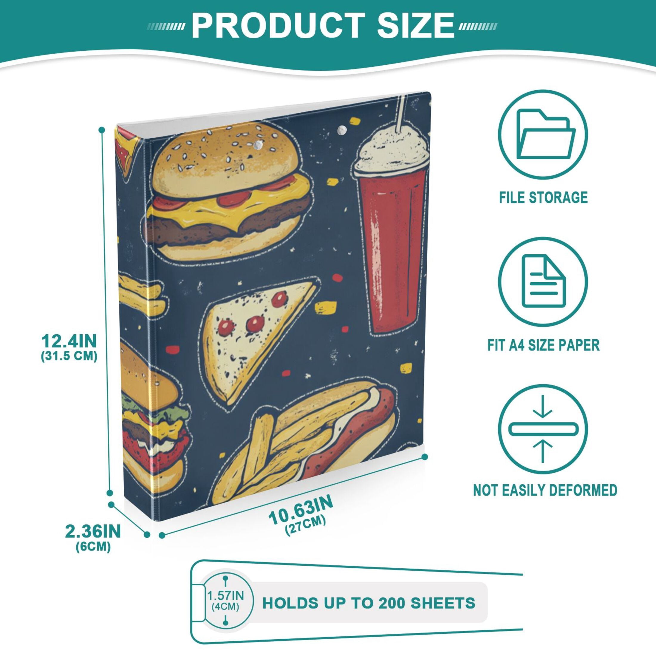 Hamburgers Fries Sandwich 3 Ring Binders 1.5 inch Hardcover File Folders with Interior Pockets A4 Size Organizer for School Office Hospital