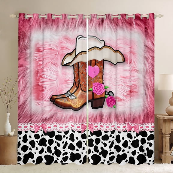 jejeloiu Western Cowgirl Boots Black Out Curtains,Pink Rose Flower Curtains Pack of 2 (42x63 Each),Cattle Cow Pattern Bedroom Curtains For Girls Kids,Luxury Bedroom Decor