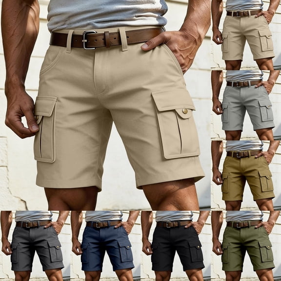YANGXINX Men's Casual Cargo Shorts Summer Solid Stretchy Elastic Waist Work Short Pants Multi Pockets Lightweight Relaxed Fit Runnnig Shorts