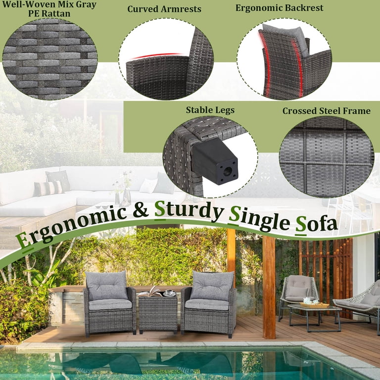 Gymax 3-Piece Patio Rattan Conversation Set, Gray Cushions photo 6
