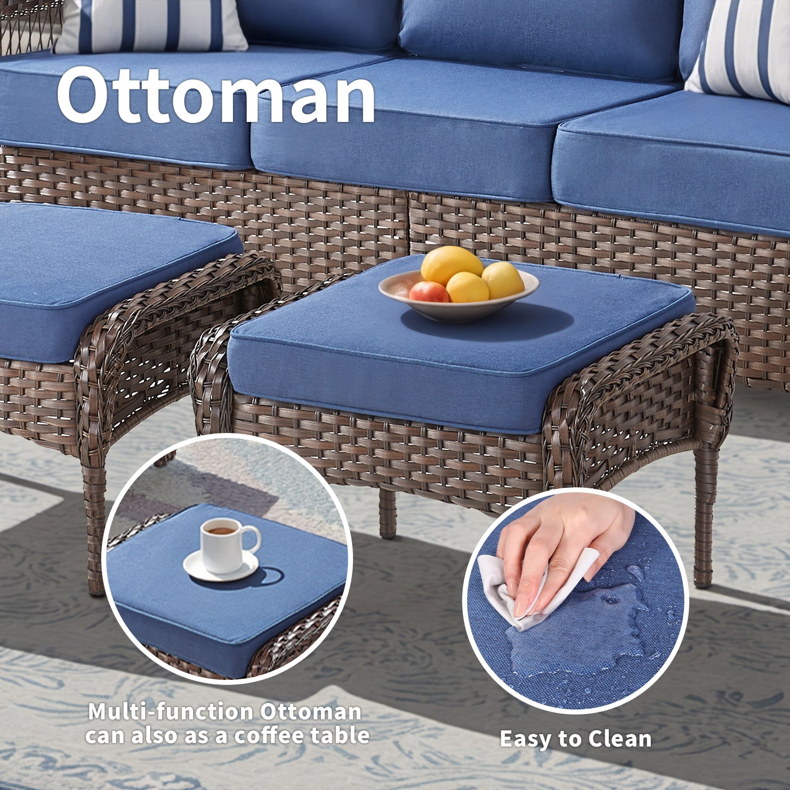 Hommoo Outdoor PE Wicker Ottomans Set of 2, Patio Brown Rattan Footrests with Cushion for Backyard or Deck, Blue
