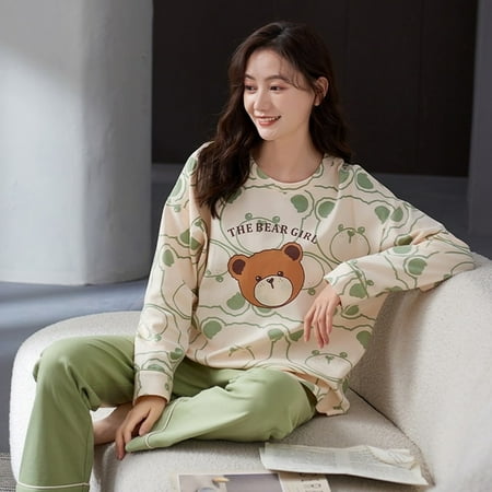 

QWZNDZGR Autumn Pure Cotton Young Women s Pajama Sets Pyjamas Cartoon Plaid Sleepwear kawaii Girl Loungewear Pijama Mujer Night Homewear