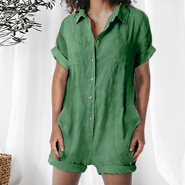 Fankiway Combinaison Chemise en Coton et Lin à Manches Courtes pour Femmes