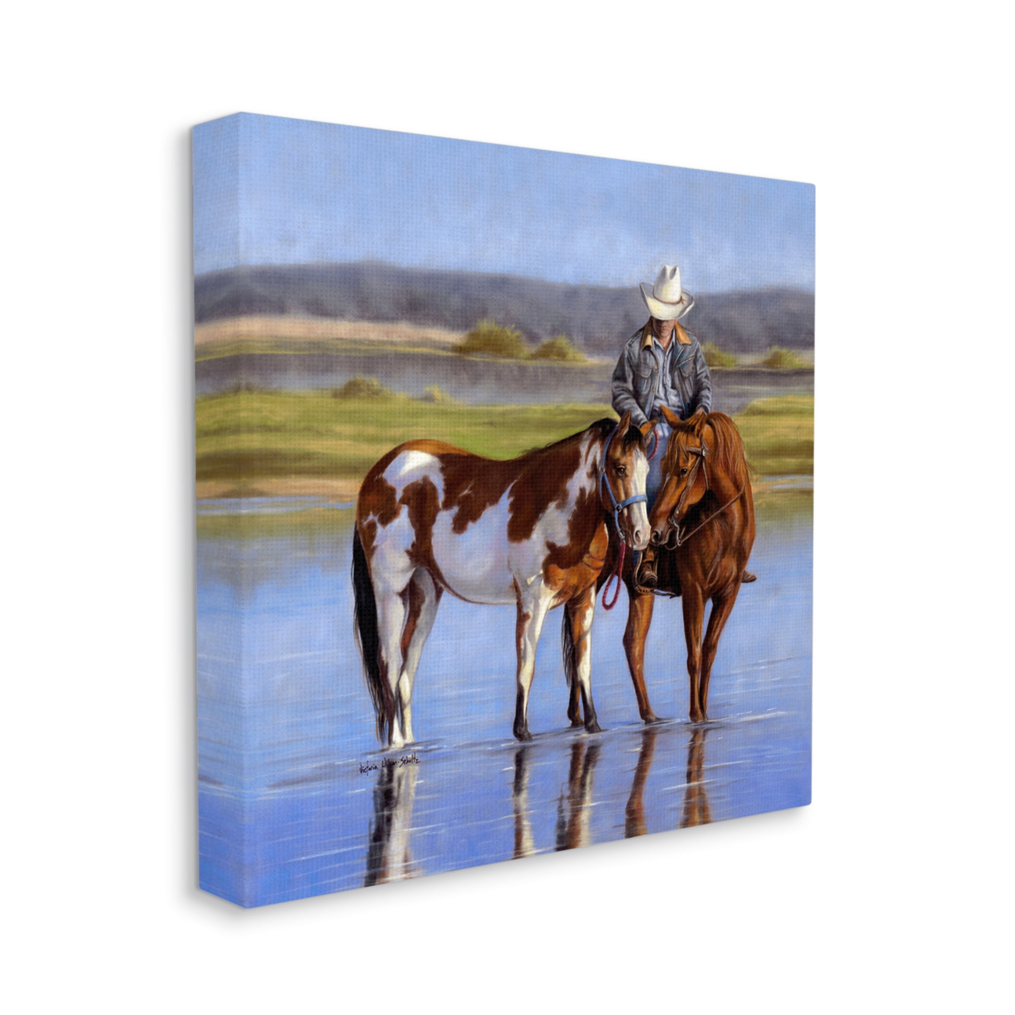 Stupell Industries Cowboy in Shallow River Animals & Insects Painting Gallery Wrapped Canvas Art Print Wall Art, 17 x 17
