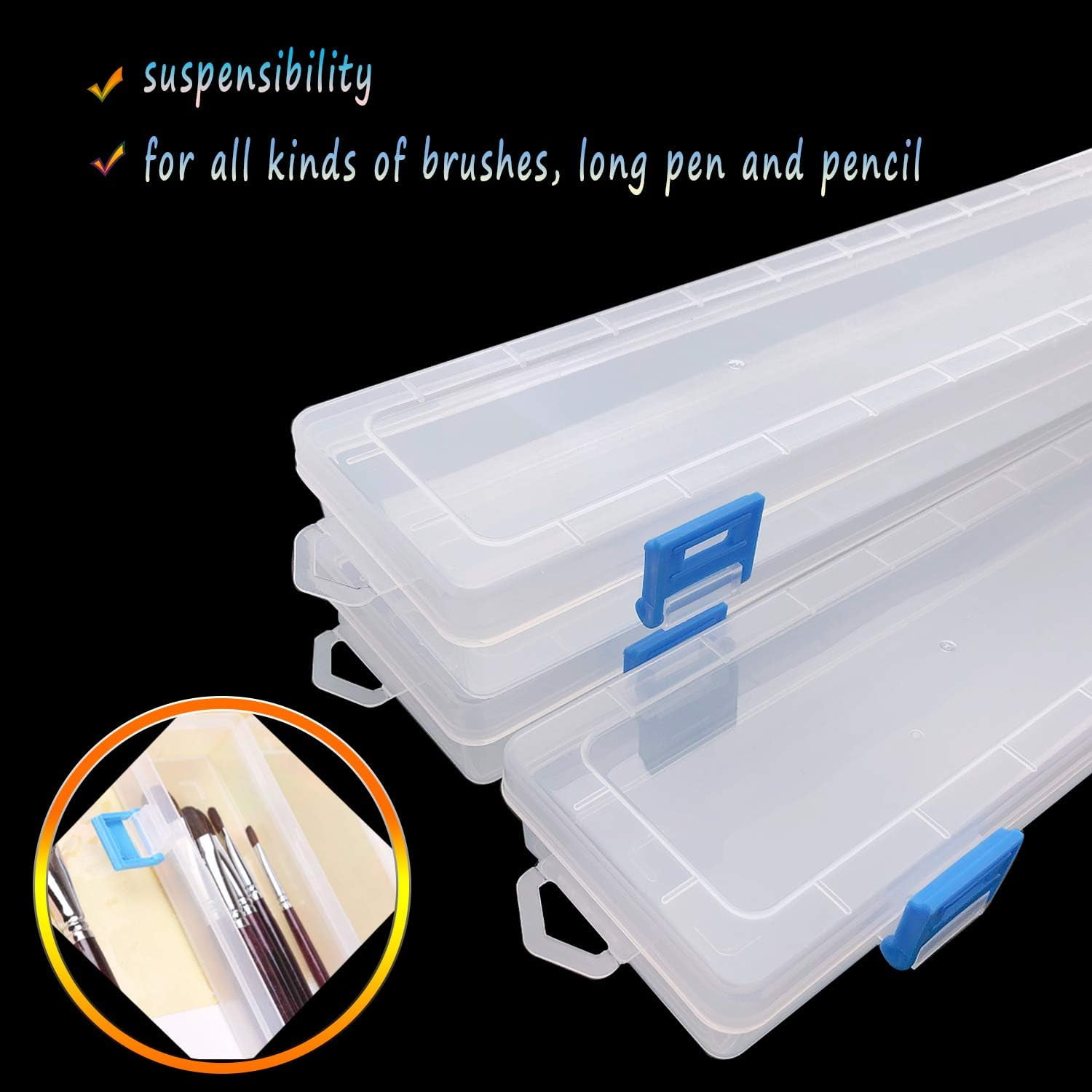 ABCISI 3PCS  Paint Brushes Storage Box, Plastic Paint Brush Holders Clear Case, Long Drawing Pen Watercolor Pens Pencils Drawing Tools Container with Buckle Design (13 x 2.7 x 1.4 inches)