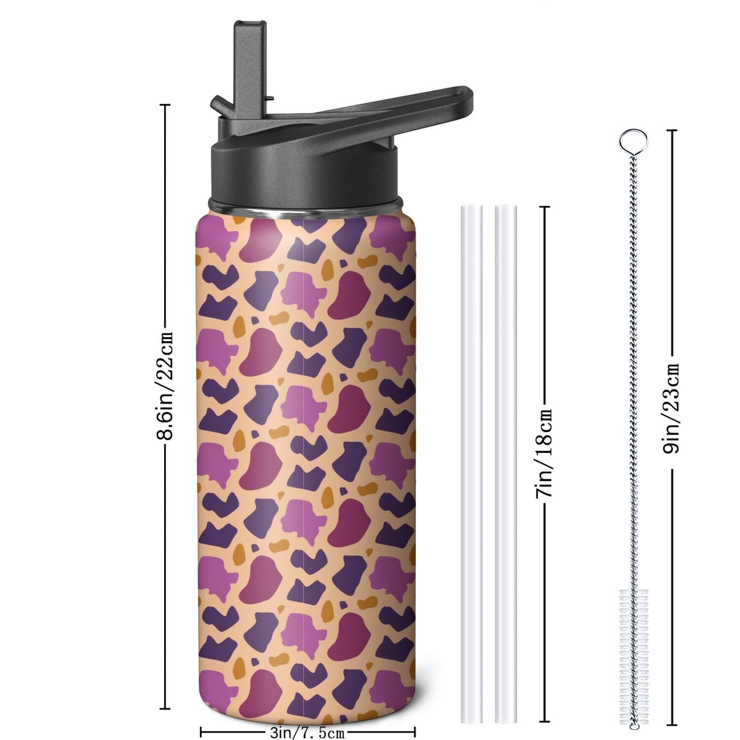 Leopard Print Insulated Stainless Steel Water Bottle with Straw & Cleaning Brush – 18 Oz | Leakproof, BPA-Free, 304 Stainless Steel, Wide Mouth, Travel Mug for Car, Gym, Office