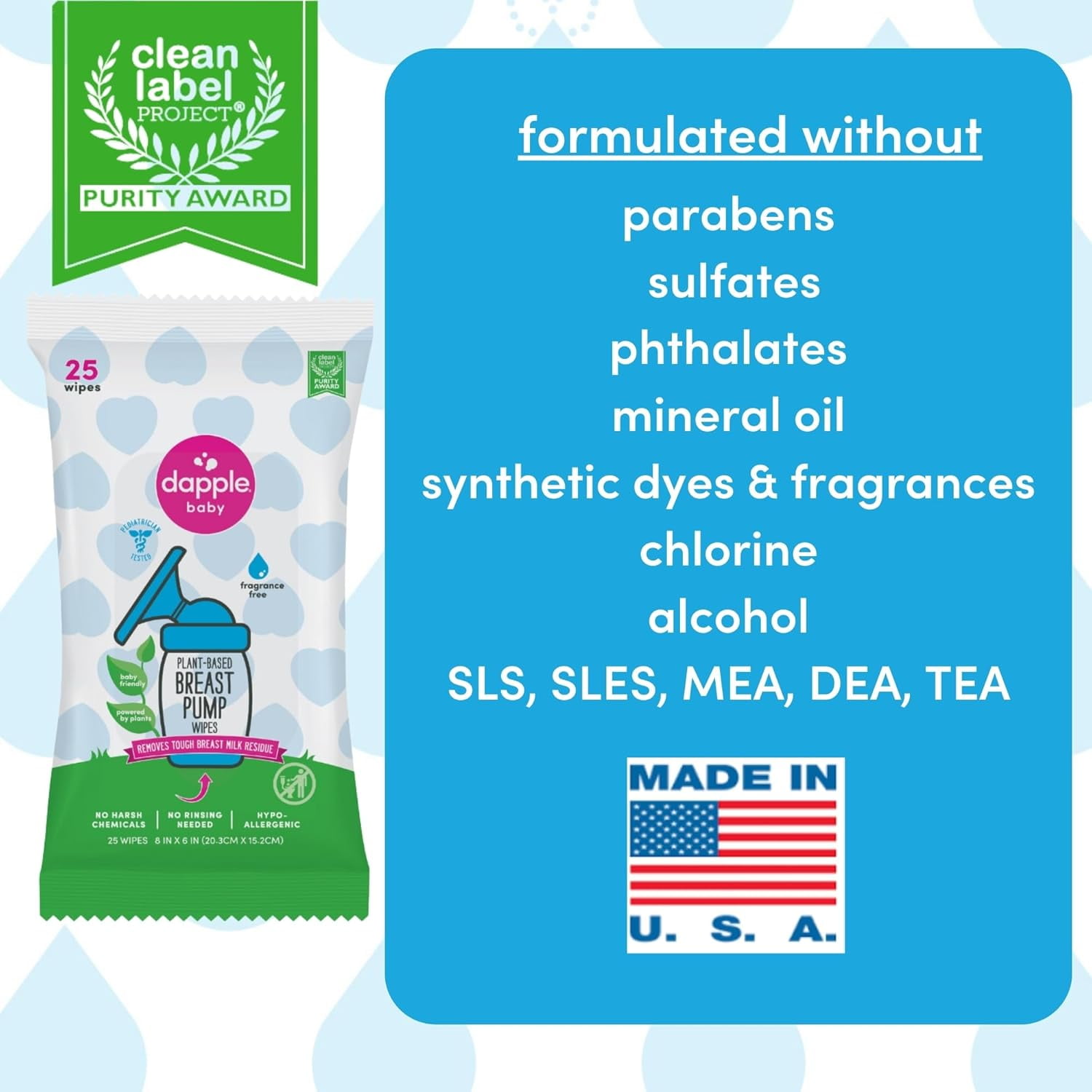 Baby Breast Pump Wipes, Powered by Plants, Hypoallergenic, Removes Milk Residue, No Rinse, Fragrance Free, 25 Count (Pack of 3)