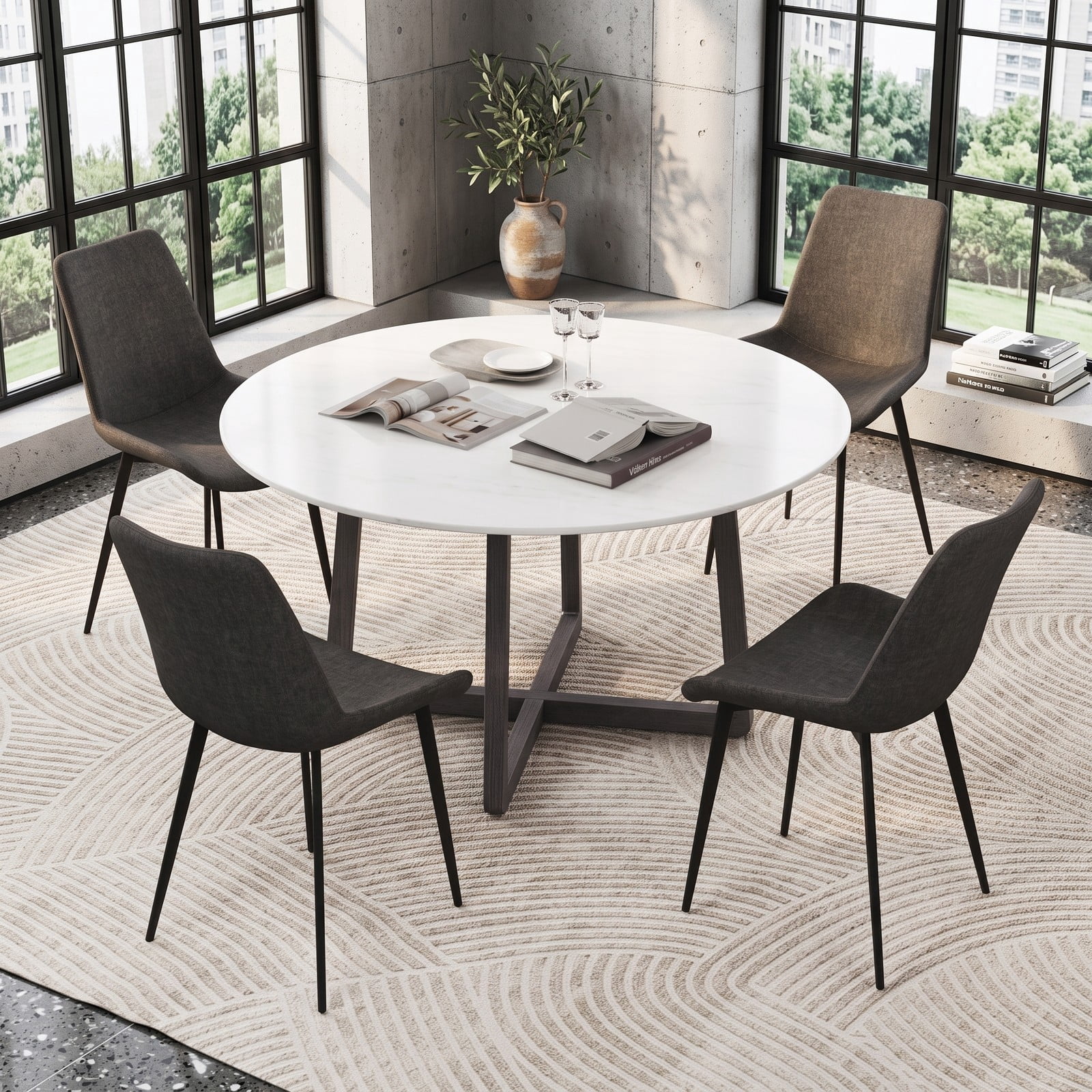 Furnibear Set of 4 Upholstered Dining Chairs with Metal Legs, Faux Linen Padded Back Kitchen Side Chairs, Ergonomic Armless Accent Chairs for Dining Room Living, Gray
