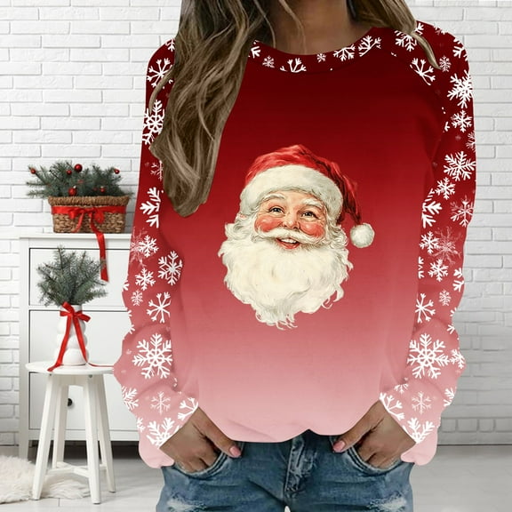 Uootdi Christmas Long Sleeve Sweatshirts for Women Crewneck Christmas Holiday Sweatshirts Retro Santa Claus Graphic Shi rt Gift Xmas Tree Reindeer