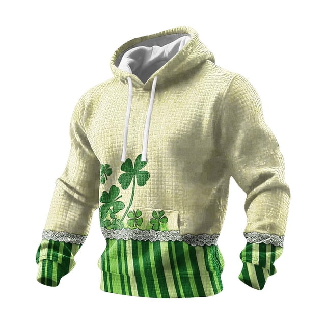 Ceisia Men's St. Patrick's Day Graphic Hoodie Casual Pullover | Lace Trim Stripe Panel Clover Light Beige Relaxed Hooded Top Gifts