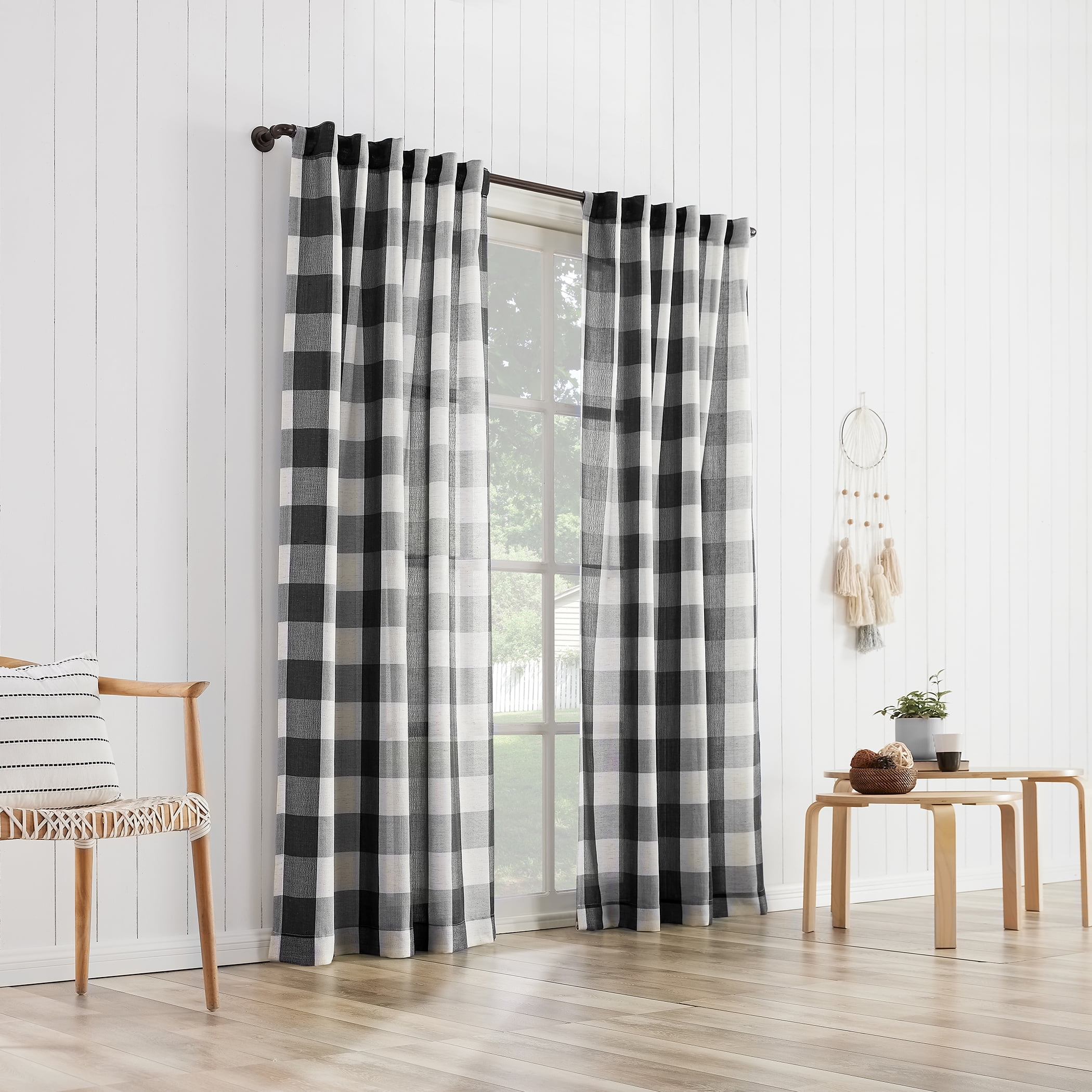 Better Homes and Gardens Buffalo Plaid Semi-Sheer Back Tab Curtain Panel, 50" x 84", Black