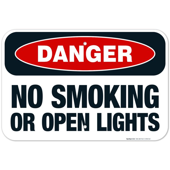 Danger No Smoking Or Open Lights Sign, OSHA Danger Sign, 12x18 Aluminum
