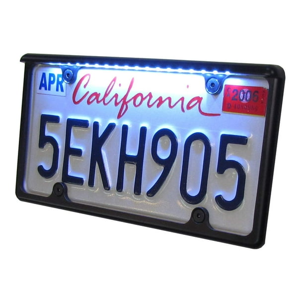 Automotive Size License Plate Frame Black Finish with White LED to
