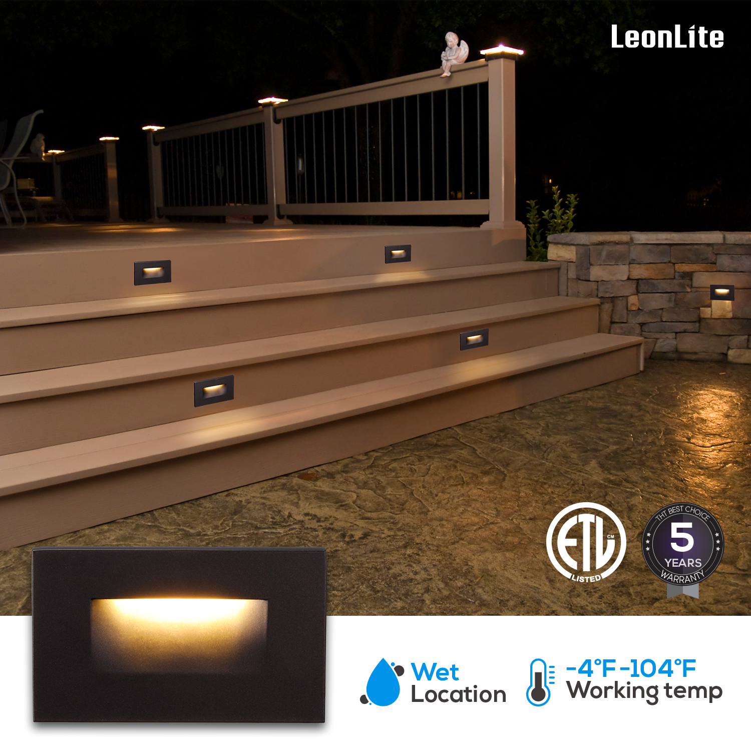 LEONLITE Indoor/Outdoor Stair Light, LED Step Light, ETL Listed, 3000K Warm  White, Oil Rubbed Bronze, Pack of