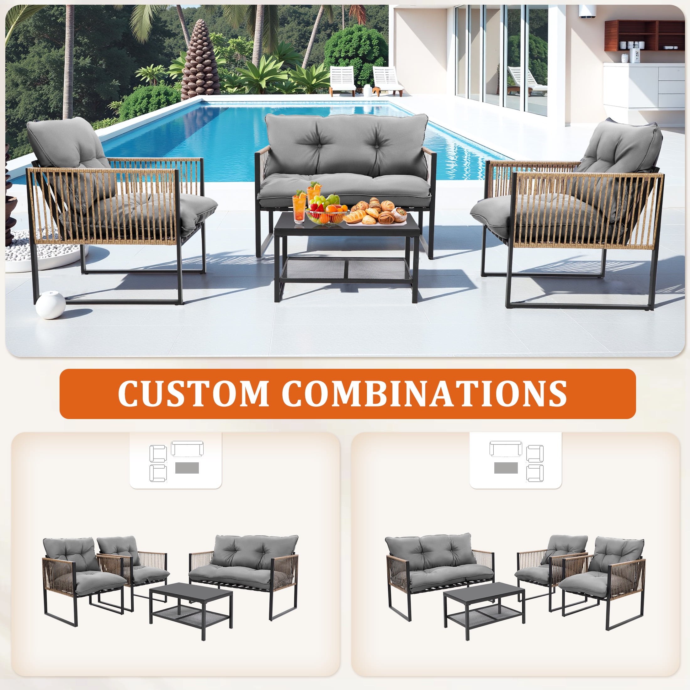 Enyopro 4 Piece Wicker Patio Furniture Set, Outdoor Rattan Conversation Sets, Cushioned Secitional Sofa Sets with 2 Arm Chairs, Love Seat & Tempered Glass Coffee Table, for Patio Garden Deck Backyard