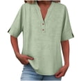 thumbnail image 3 of Women's Summer V Neck Loose Fit Button Up Shirt Tops T-Shirts Blouses Solid Color Soft Casual Daily Wear Work Office Vacation Fashion Essential Gift for Women | CSEONE,Green L, 3 of 9