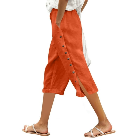 Summer Pants for Women’ s Solid Color Elastic Waist Loose Fit Side Button Functional Three Quarter Casual Pants Dark Trousers Women Cute Sweatpants with Pockets Wool Casual Fashion Clothes Orange M
