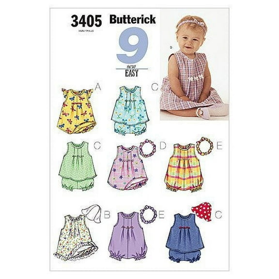 Butterick Pattern Infants' Dress, Top, Romper, Panties, Hat and Headband, NB0 (NB, S, M)