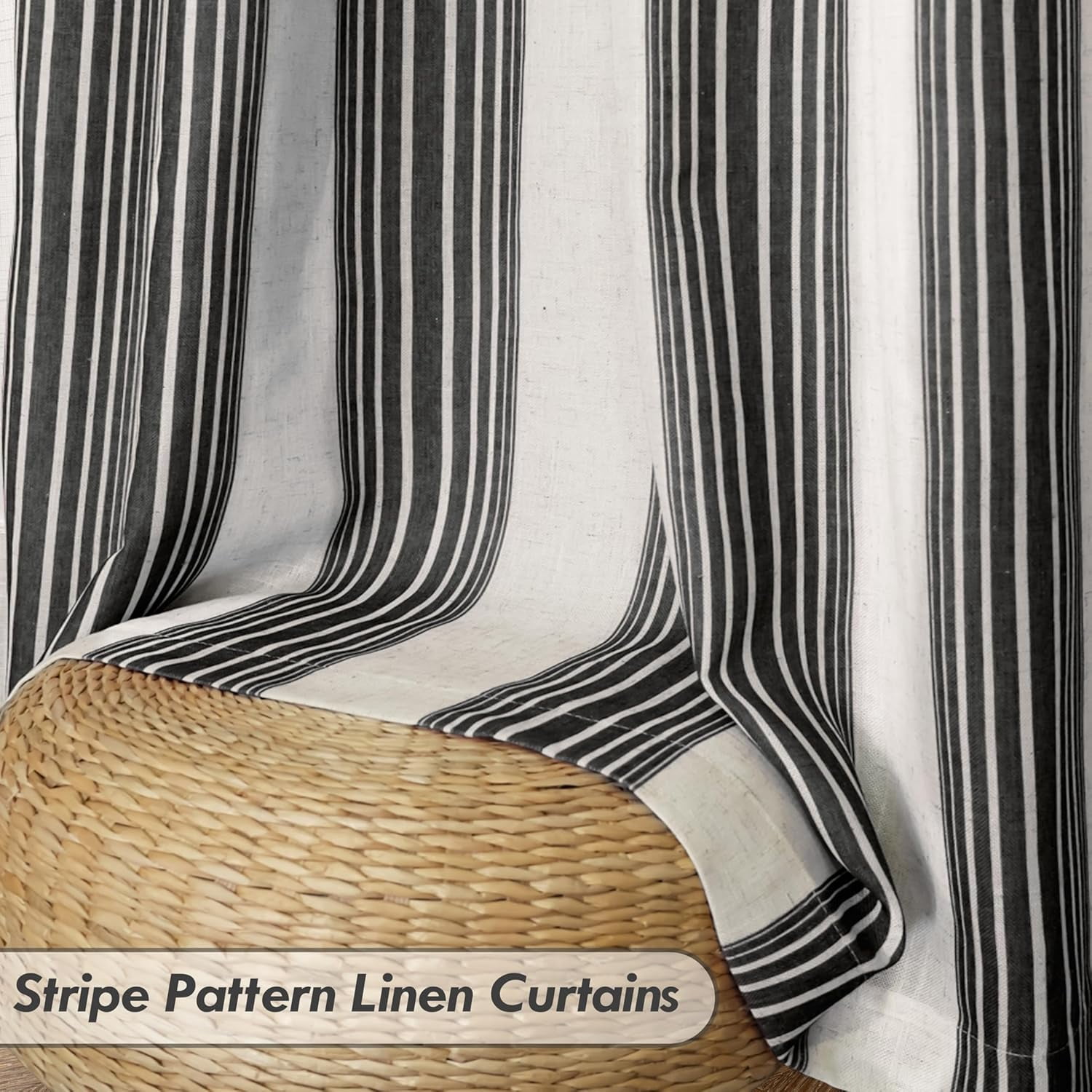 DriftAway Chris Vertical Striped Pattern Linen Blend Lined Thermal Insulated Blackout and Room Darkening Linen Curtains for Farmhouse Printed 2 Panels 52 Inch by 63 Inch Linen Black