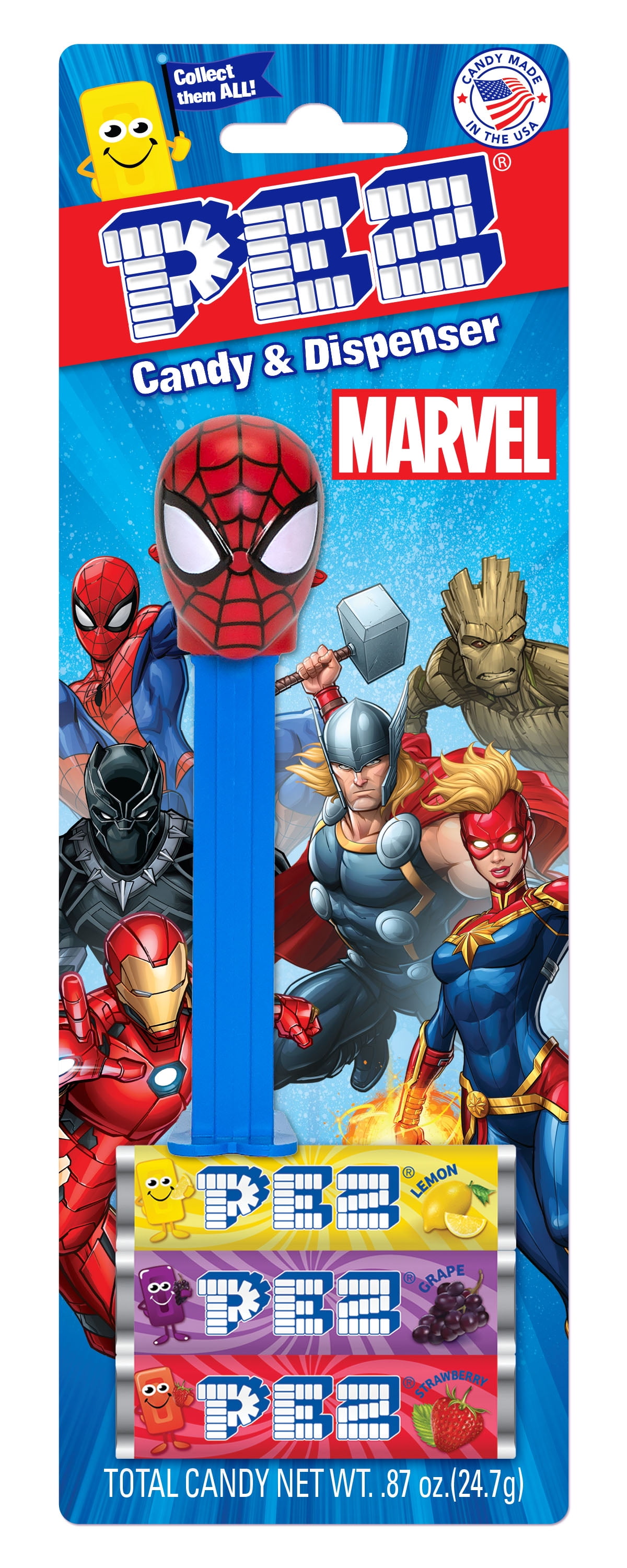 PEZ Candy Marvel Candy Dispenser Plus 3 Candy Refills, 1 Count, 0.87oz