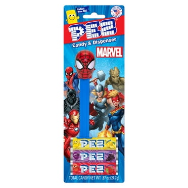 PEZ Candy Marvel Assortment, 1 Candy Dispenser Plus 3 Rolls Assorted Fruit Candy, 1 Count, 0.87oz