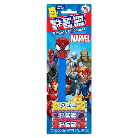PEZ Candy Marvel Assortment, 1 Candy Dispenser Plus 3 Rolls Assorted Fruit Candy, 1 Count, 0.87oz