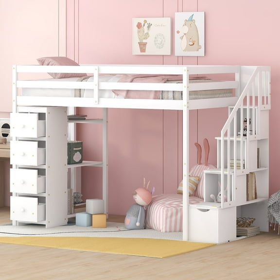 Kumix Loft Bed Twin Size, Wood Loft Bed with Storage Drawers and Stairs, Shelves for Teens Adults, Loft Bed Frame with Full Length Guardrail for Bedroom, Noise-Free, Easy Assembly, White