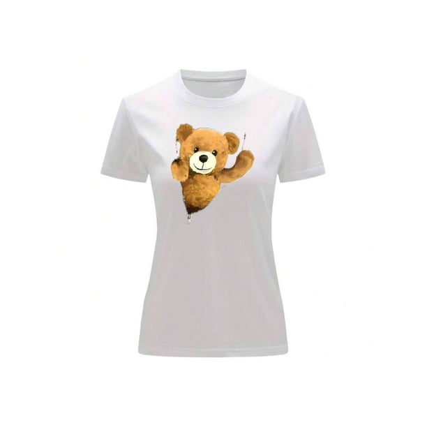 Playera Blusa De Oso De Peluche Saliendo Del Cierre Ropa Para Mujer Casual Color Blanco Talla Chica Marca Emil SaEs
