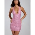 thumbnail image 2 of Women's Pink Halter Neck Sequin Mini Dress - Bodycon Party Dress with Chevron Pattern, 2 of 6