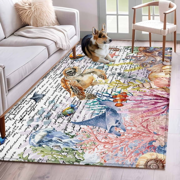 Brown Turtle Coastal Area Rugs 3'x5', Small Throw Rugs for Living Room Bedroom, Summer Beach Coral Seahorse Ocean Octopus Indoor Outdoor Rug Non-Slip Low Pile Carpet Runner Reversible Floor Mats